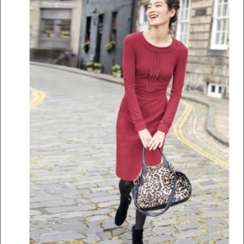 Boden Giselle Ponte dress drapes perfectly; velvet ribbon trim and back zipper.